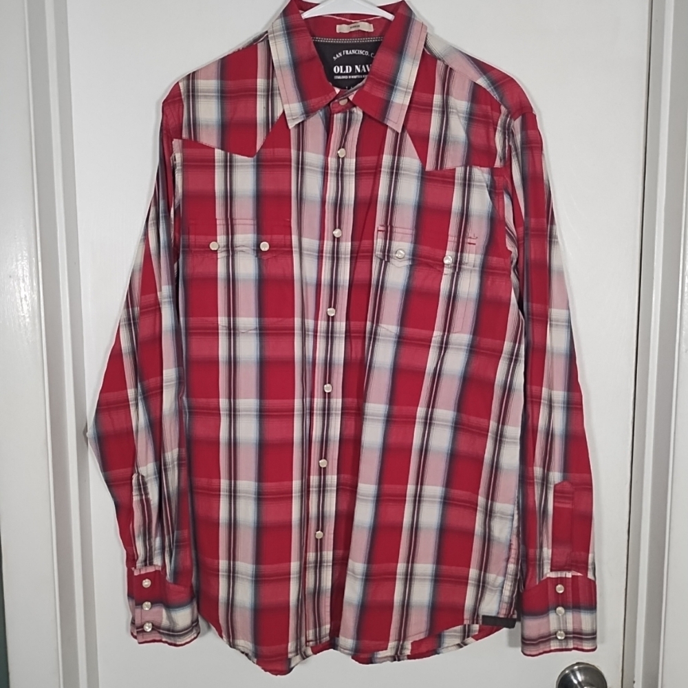 Old Navy Men's L Pearl Snap Fitted Shirt Red Gray White Plaid Pockets Western